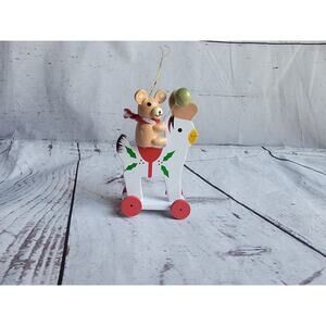 Vtg Wood Christmas Ornament Bear Balloon on Reindeer Toy 4" Decoration